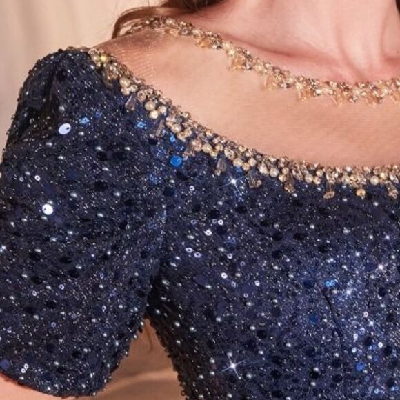 NEW LONG FORMAL MERMAID SEQUINS EMBELLISHED MAXI SHORT SLEEVES DRESS CD CB151 - Picture 5 of 12